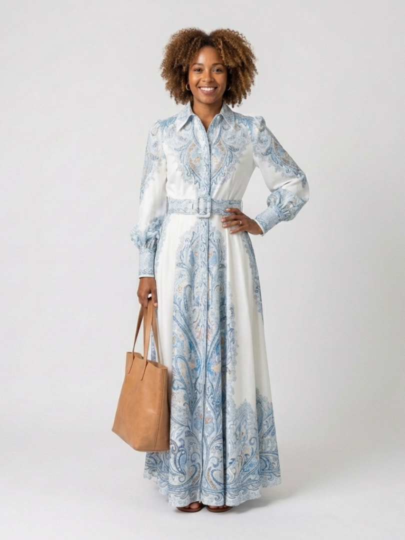 Sierra | Robe Maxi Imprimée à Col Montant et Manches Longues