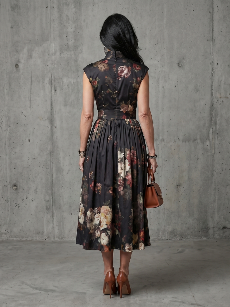 Greta | Robe Midi Plissée à Col Montant et Découpe Fleurs