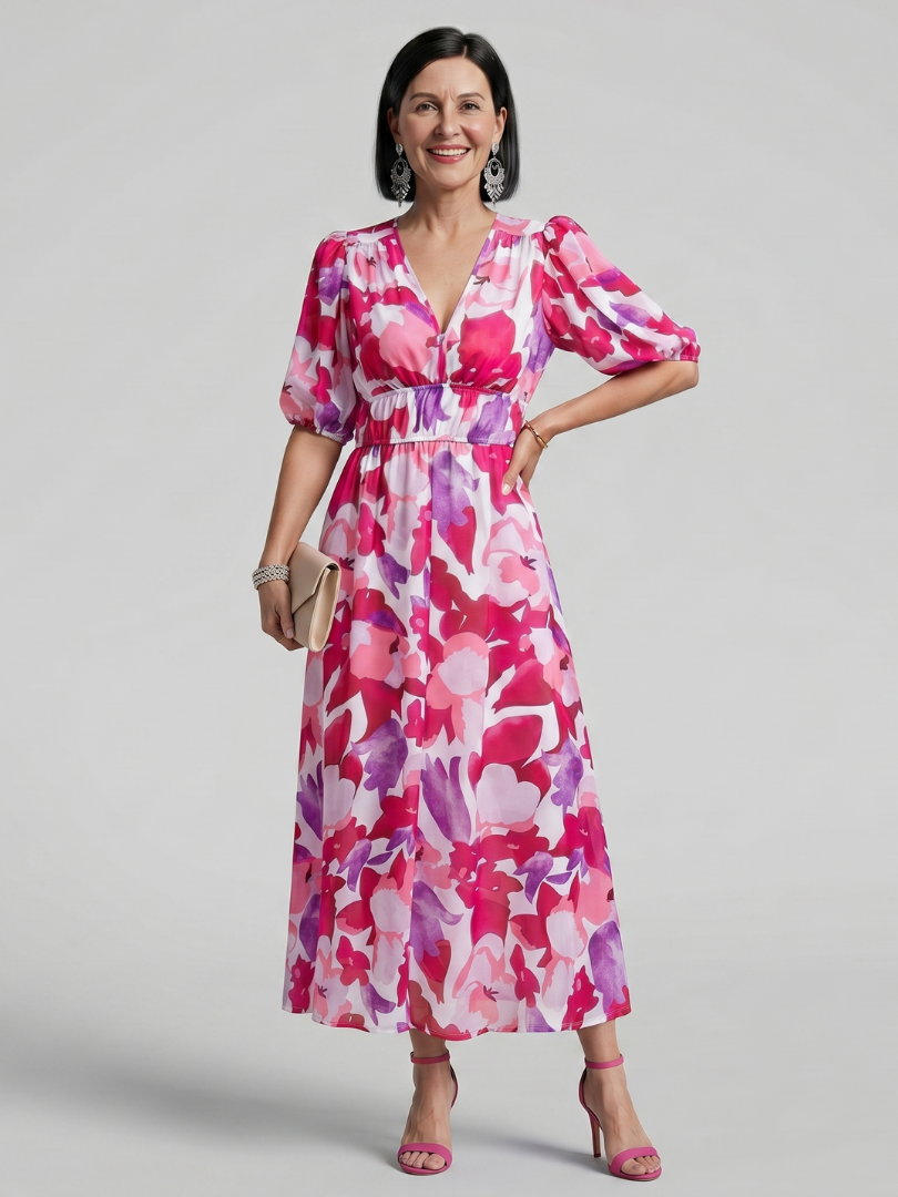 Candlia | Robe Midi Imprimé Abstrait à Manches Bouffantes et Décolleté en V