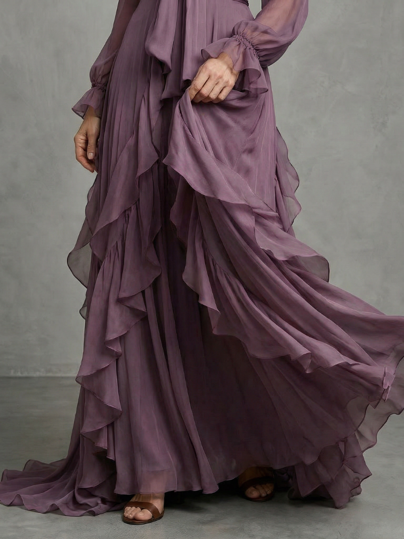Demetria | Robe Maxi à Volants avec Nœud au Cou