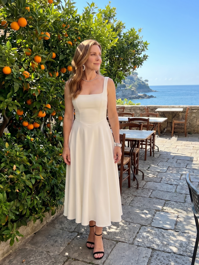 Pallas | Robe midi à bretelles carrées et jupe évasée