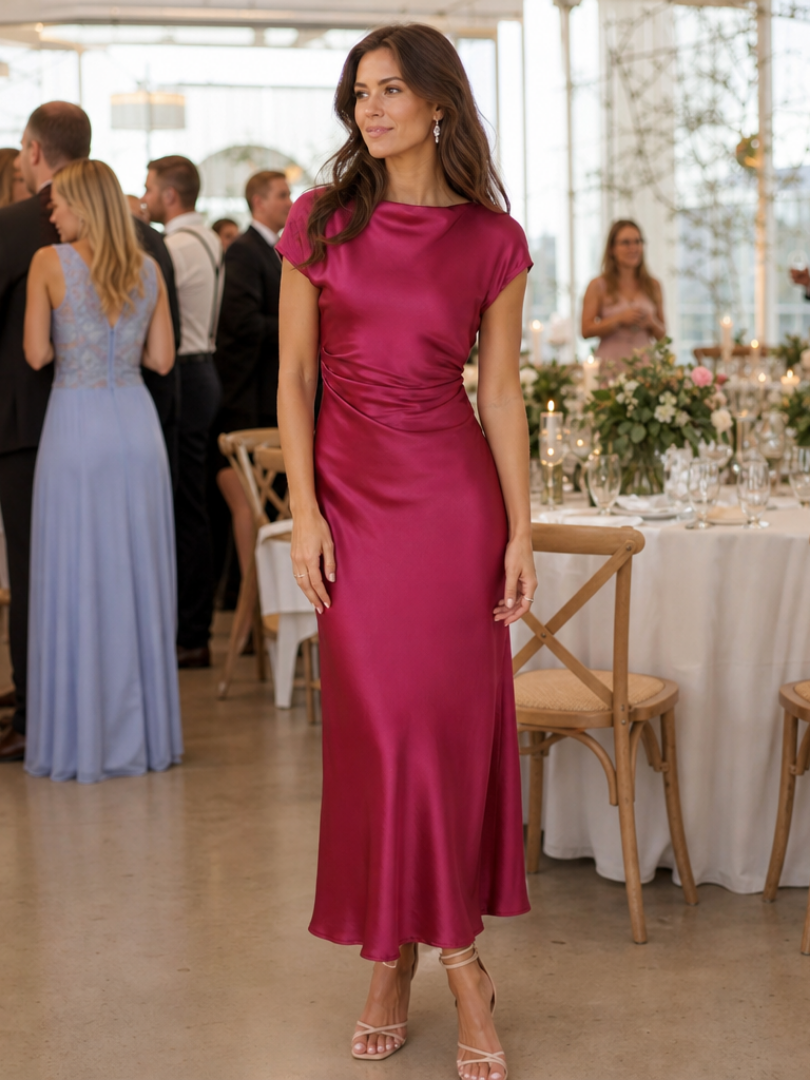 Elure | Robe midi ajustée à manches courtes et décolleté bateau
