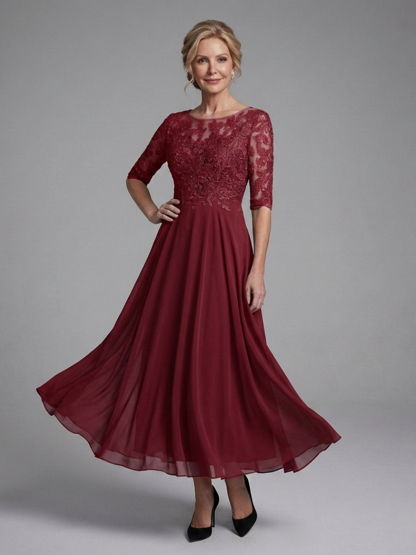 Olivine | Robe Midi à Corsage en Dentelle et Manches Transparentes