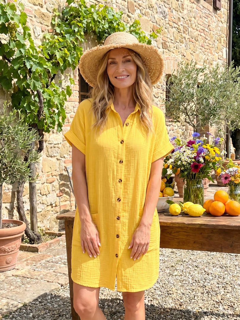 Linon | Robe à manches courtes avec poches avant, longueur genou