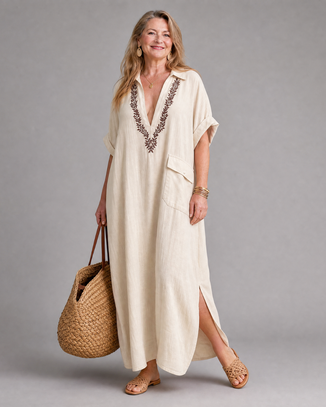 Elakeja | Robe midi décontractée à col en V brodé et détail de poche