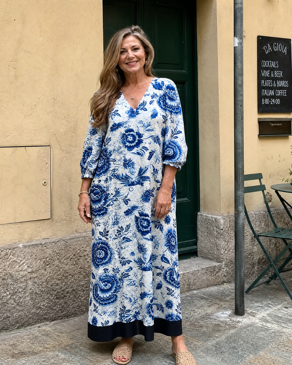 Celope | Robe Midi Détail Floral en Porcelaine Bleue