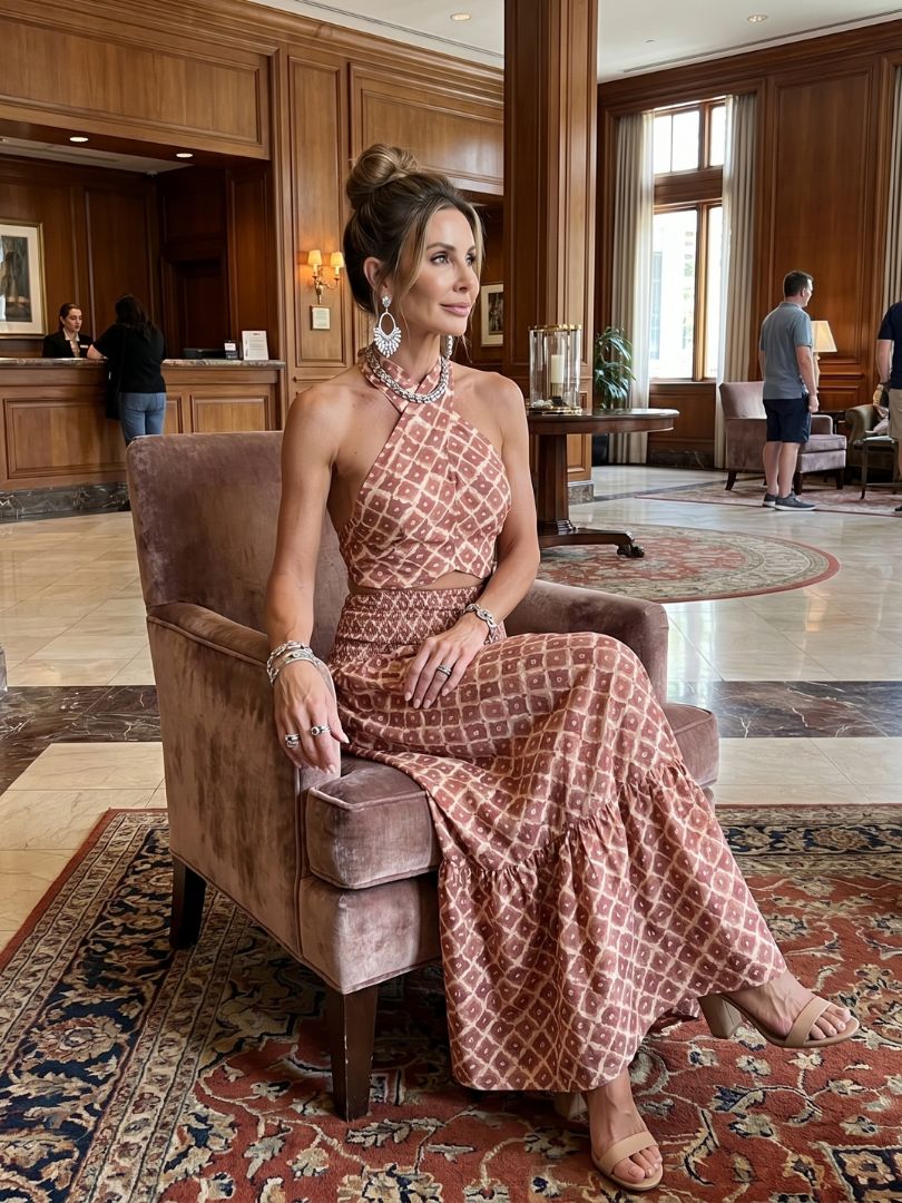 Amira | Robe Midi Découpée à Imprimé Géométrique à Encolure Croisée