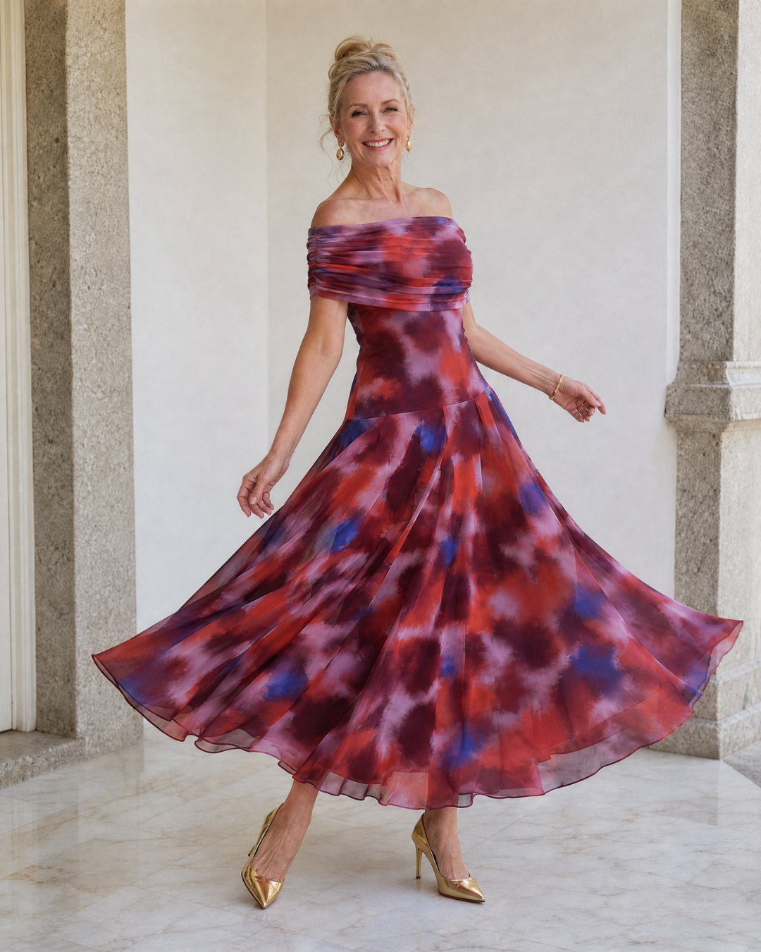 Violla | Robe Midi Fluide Imprimé Aquarelle Sans Épaules