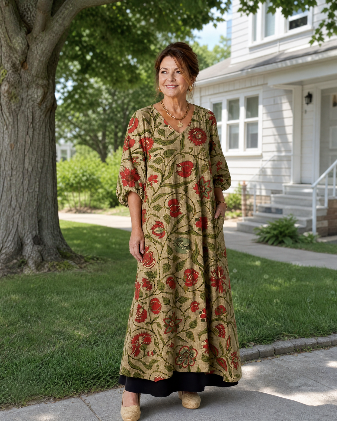 Rimla | Robe midi décontractée à manches trois quarts avec imprimé botanique