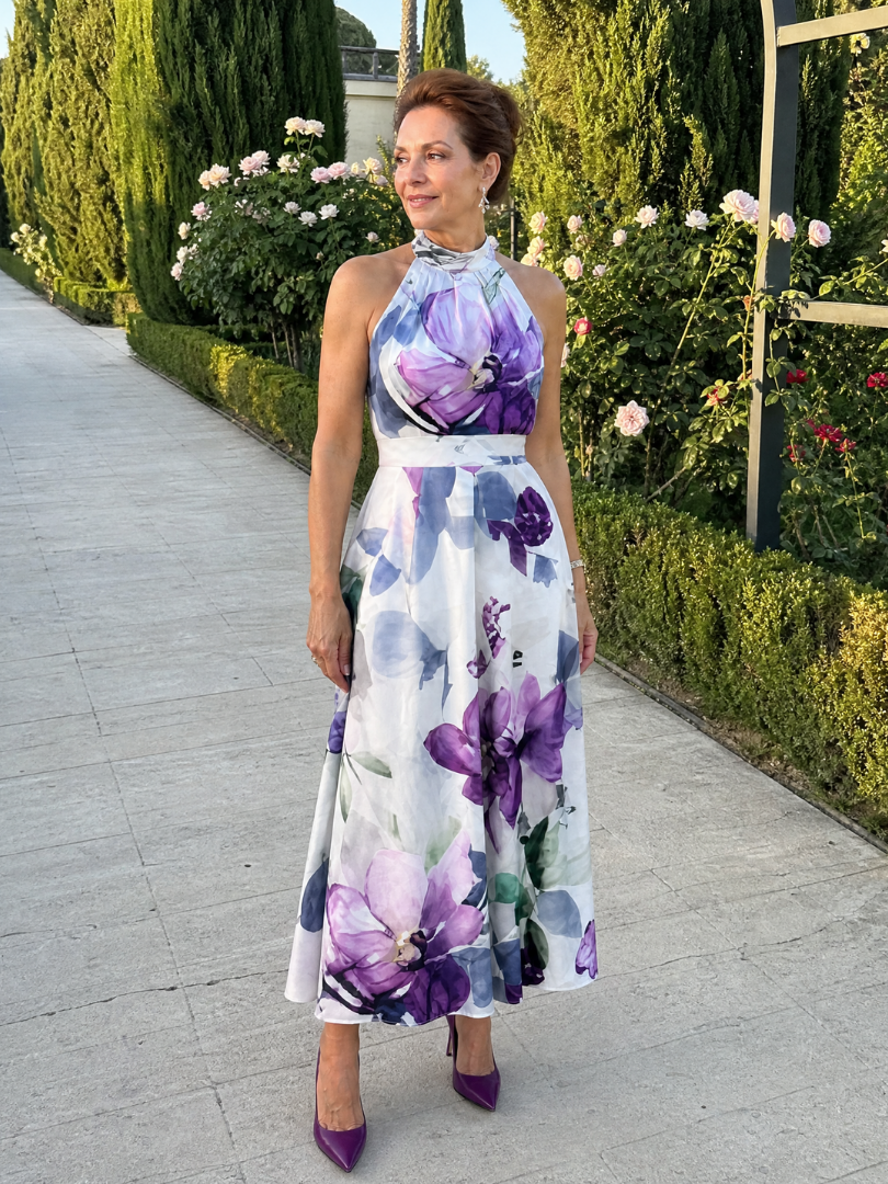 Omego | Robe Midi Fluide à Col Halter avec Motif Floral Aquarelle