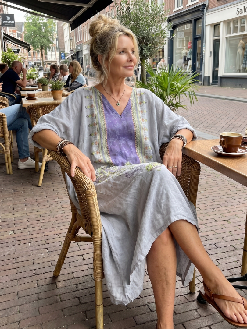 Raina | Robe midi oversize à poches avec panneau contrasté brodé