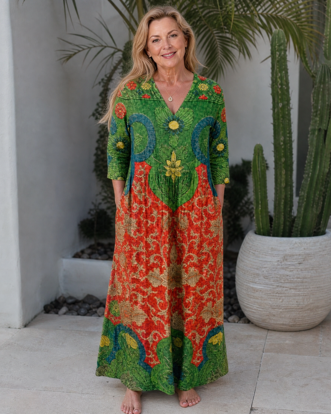 Zeloria | Robe Midi Relaxed à Manches Trois Quarts avec Imprimé Vintage Abstrait