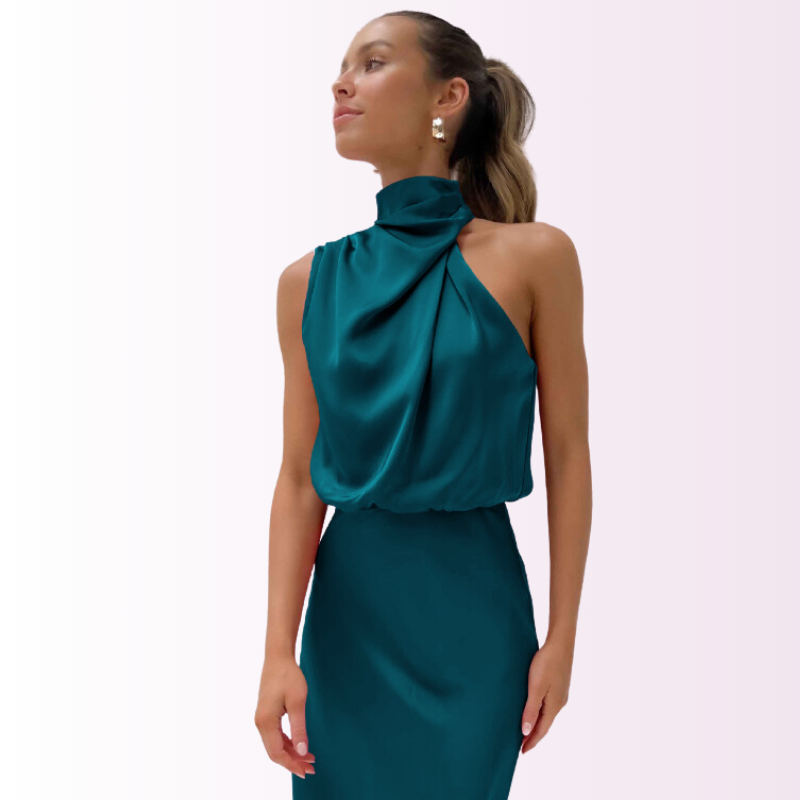 Robe de Soirée Longue en Satin Sans Manches avec Col Montant pour Femme