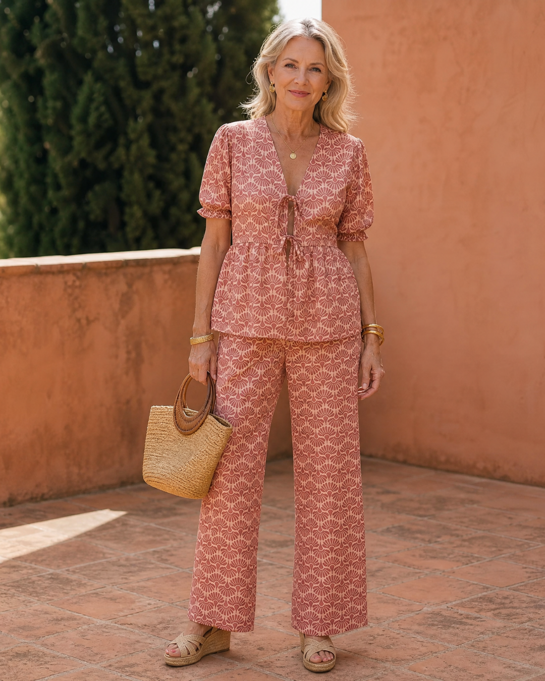 Somar | Ensemble Haut à Manches Bouffantes Imprimé Floral et Pantalon Droit
