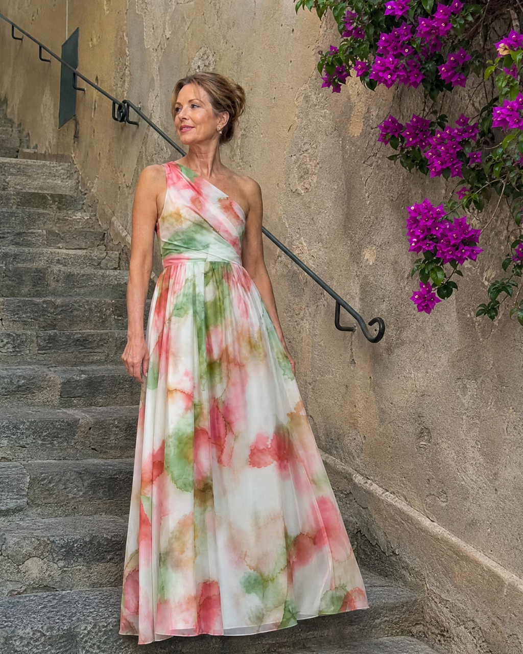 Olene | Robe Maxi Fluide à Une Épaule Aquarelle