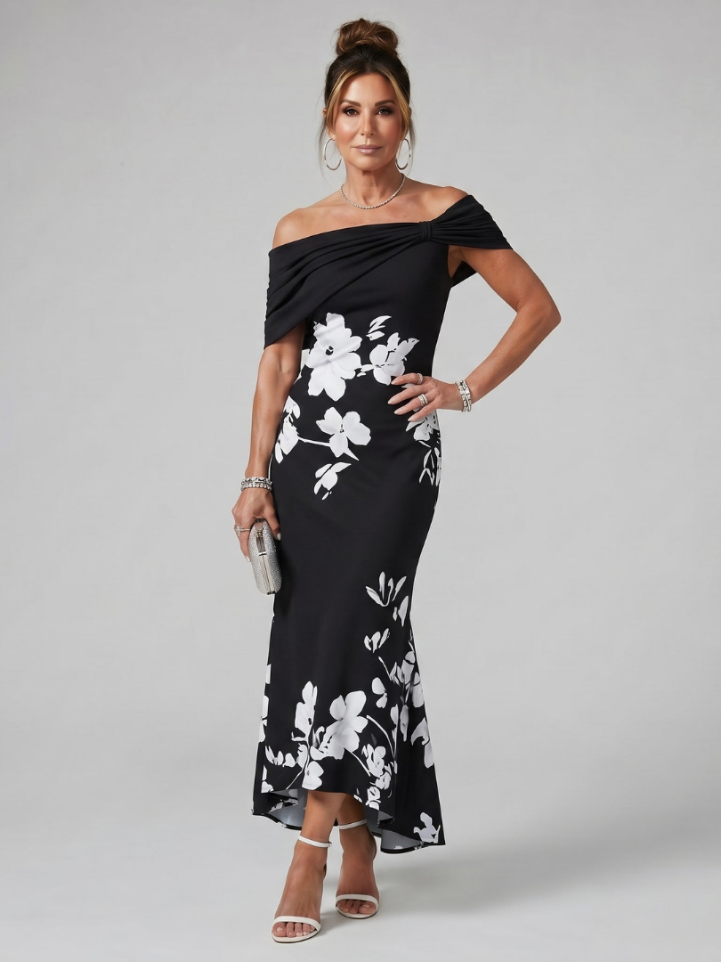 Cosma | Robe Midi à Encolure Drapée Hors Épaules