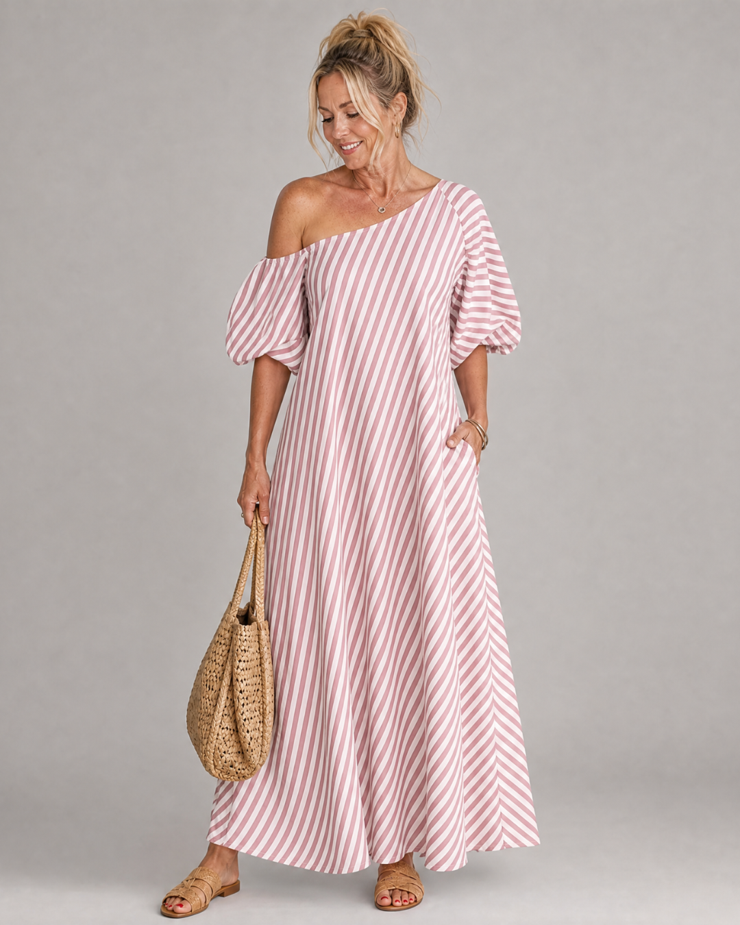 Zamrina | Robe Midi à Manches Bouffantes Rayée Décolleté Bardot