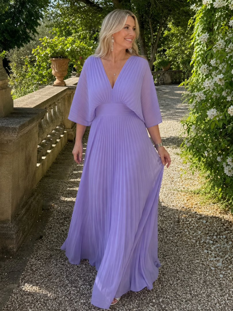 Semorph | Robe Maxi Plissée à Manches Longues et Col V