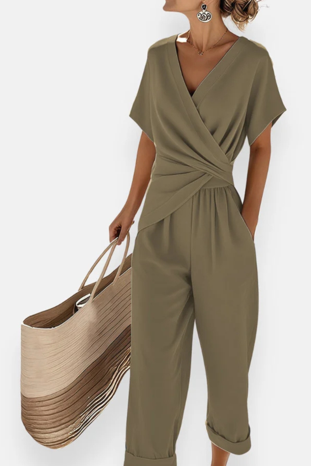 Combinaison Longue Femme avec Décolleté Croisé, Manches Courtes et Pantalon Cropped avec Poches