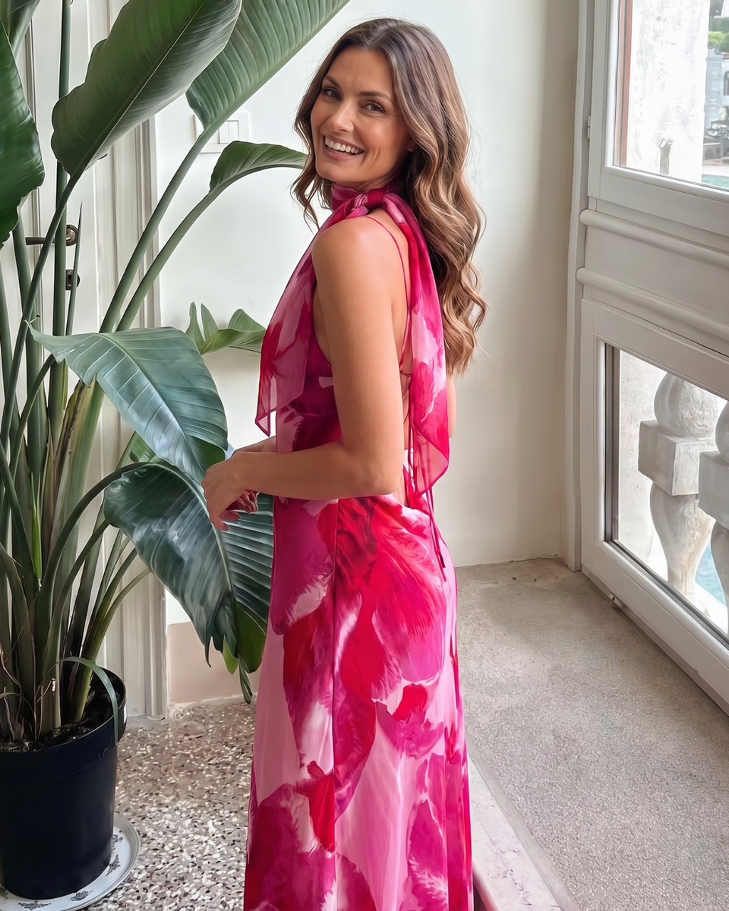 Najem | Robe Midi Sans Manches Imprimé Aquarelle à Décolleté Profond