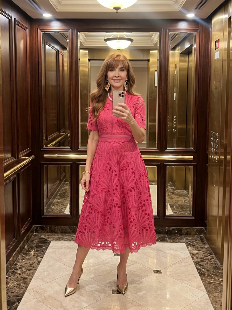 Juno | Robe midi ajustée en dentelle à œillets à manches courtes
