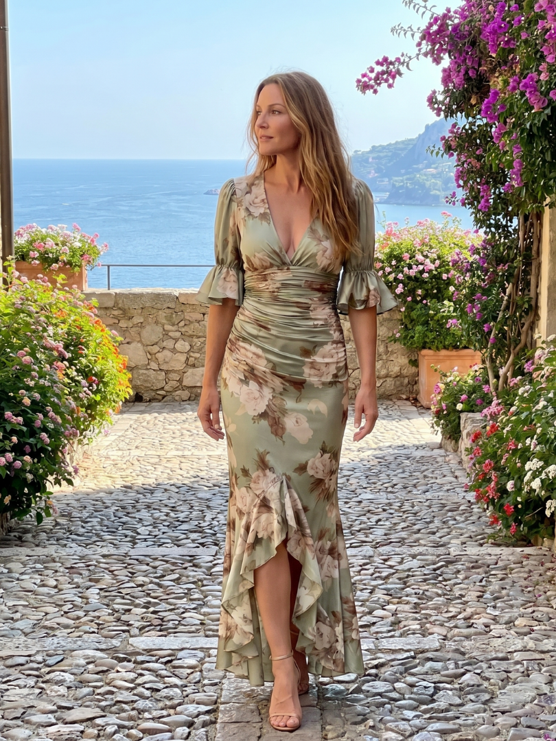 Robe Midi à Manches Courtes en V avec Taille Froncée | Palm