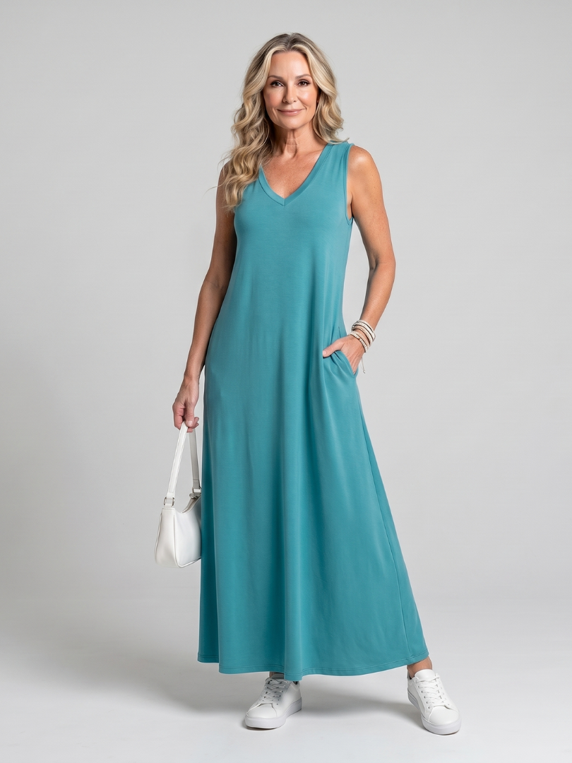 Valerie | Robe Midi Sans Manches Imprimée de Feuilles Tropicales