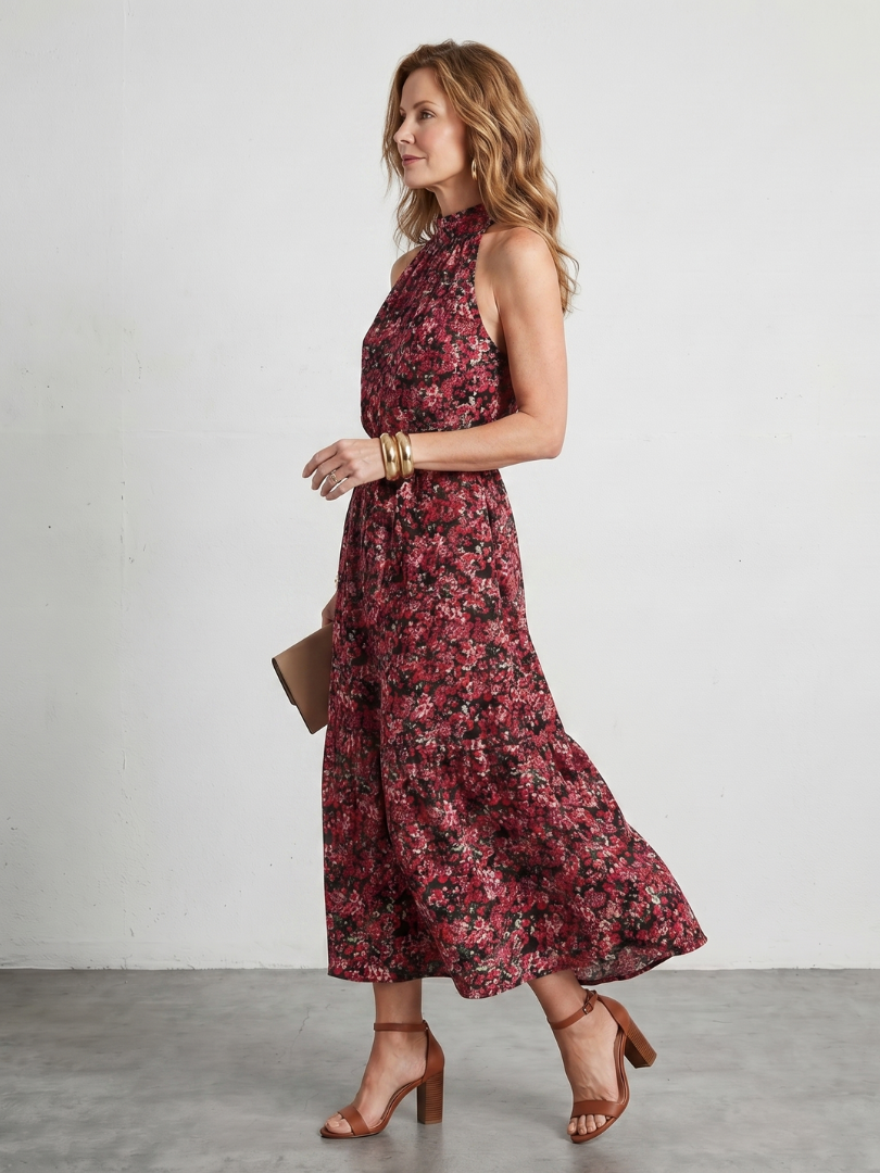 Anis | Robe Midi à Col Montant à Fleurs