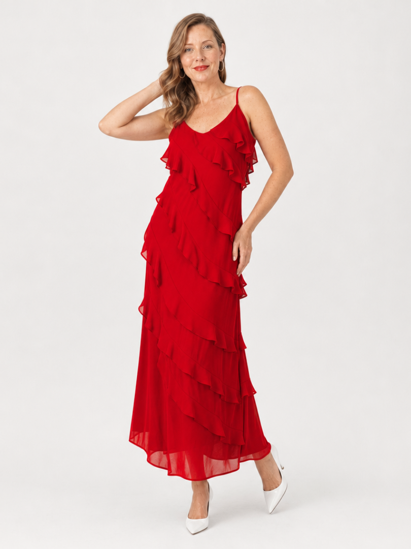 Riper | Robe Maxi à Bretelles Spaghetti avec Détails de Volants Superposés