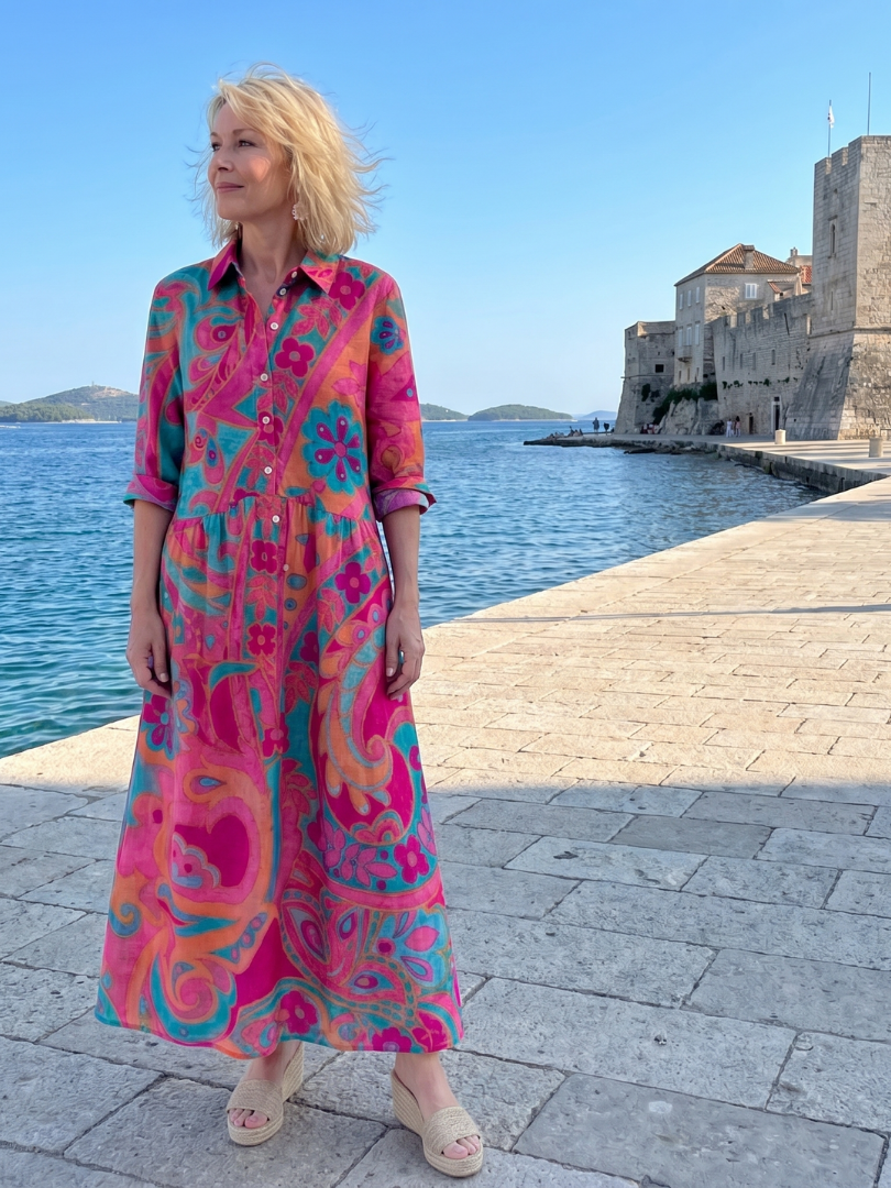 Klera | Robe midi imprimée à col et boutons