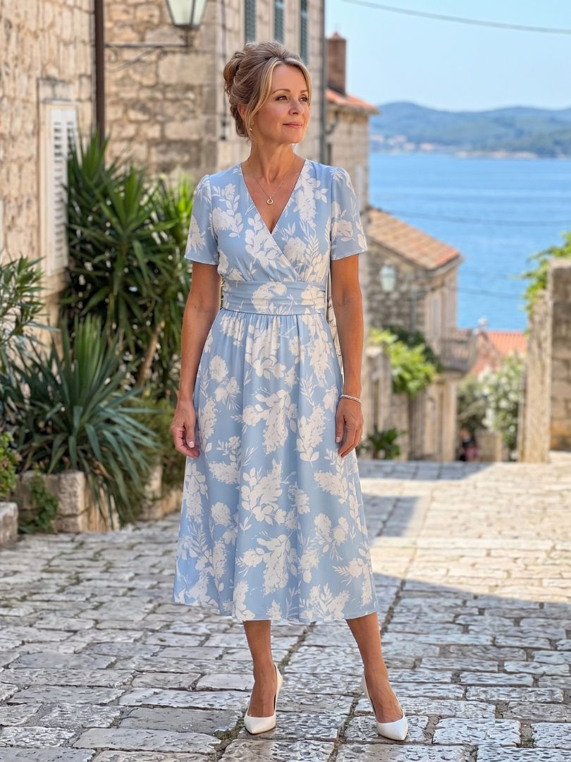 Marion | Robe Midi à Manches Courtes en Imprimé Floral