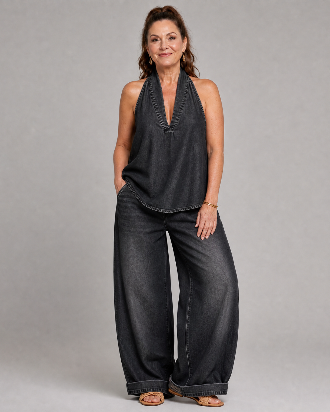 Zorelle | Ensemble Top en Jean à Col Halter et Pantalon Large