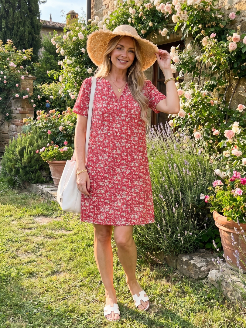 Somene | Robe à manches courtes en imprimé géométrique, longueur genoux