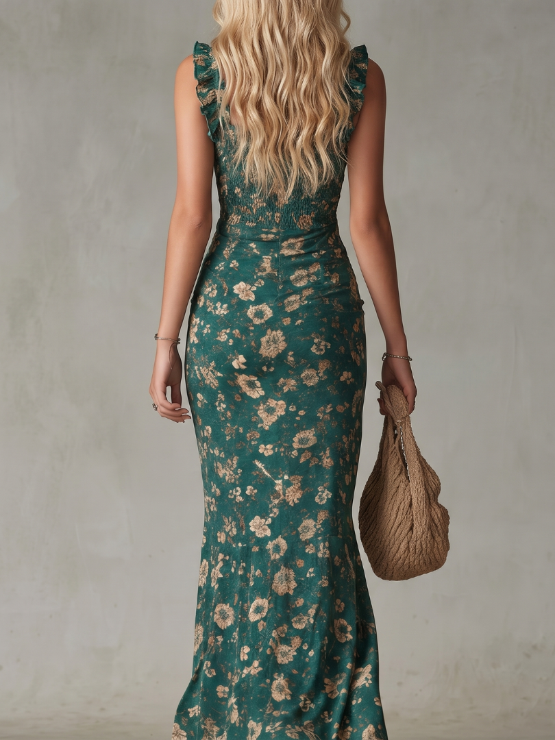 Cilla | Robe Midi à Bretelles Volantes et Corsage Froncé