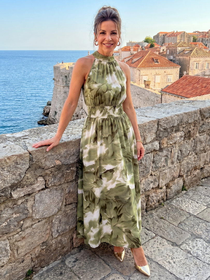 Olivia | Robe Midi à Taille Rassemblée Imprimé Abstrait