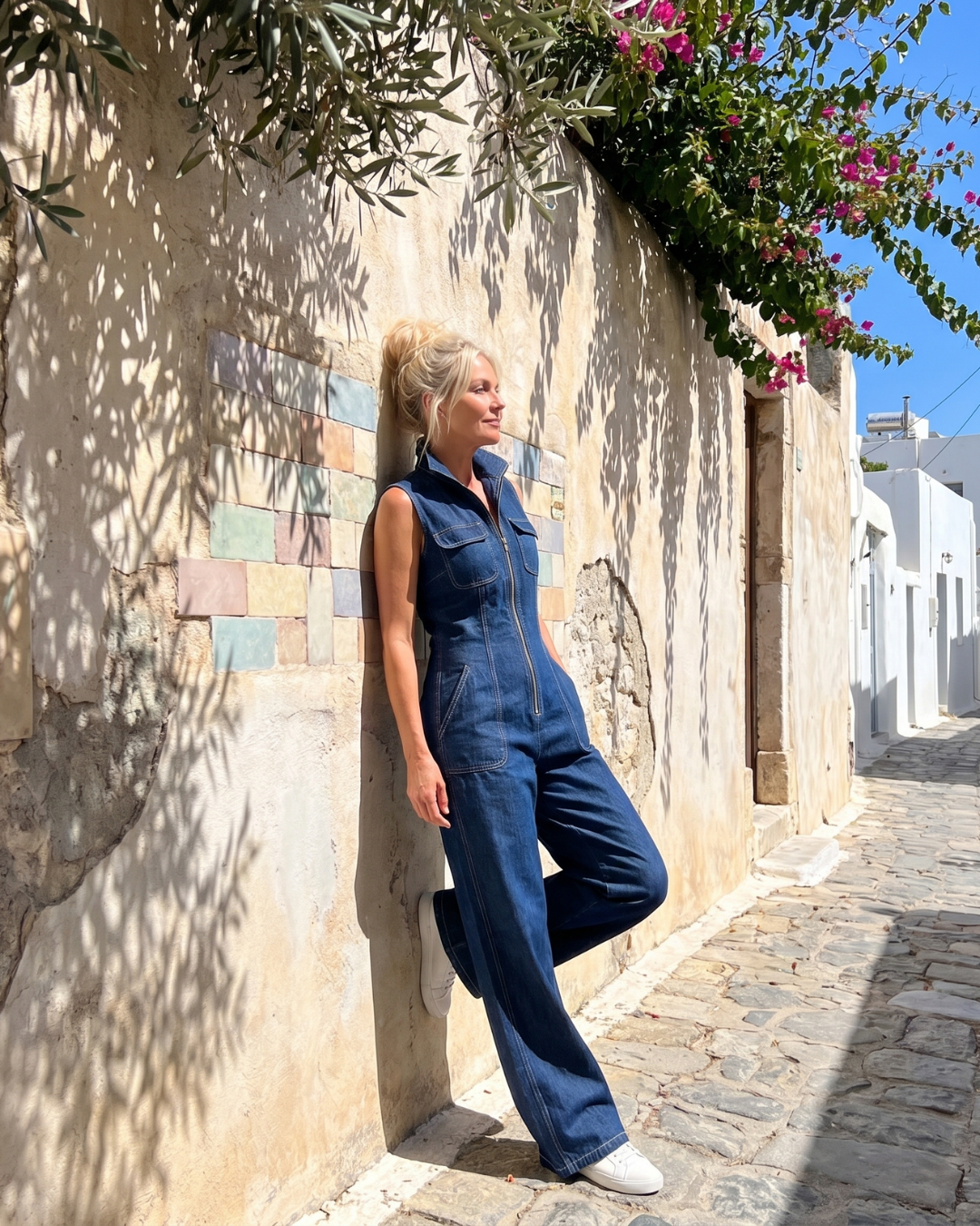 Samantha | Combinaison sans manches en denim à fermeture éclair devant
