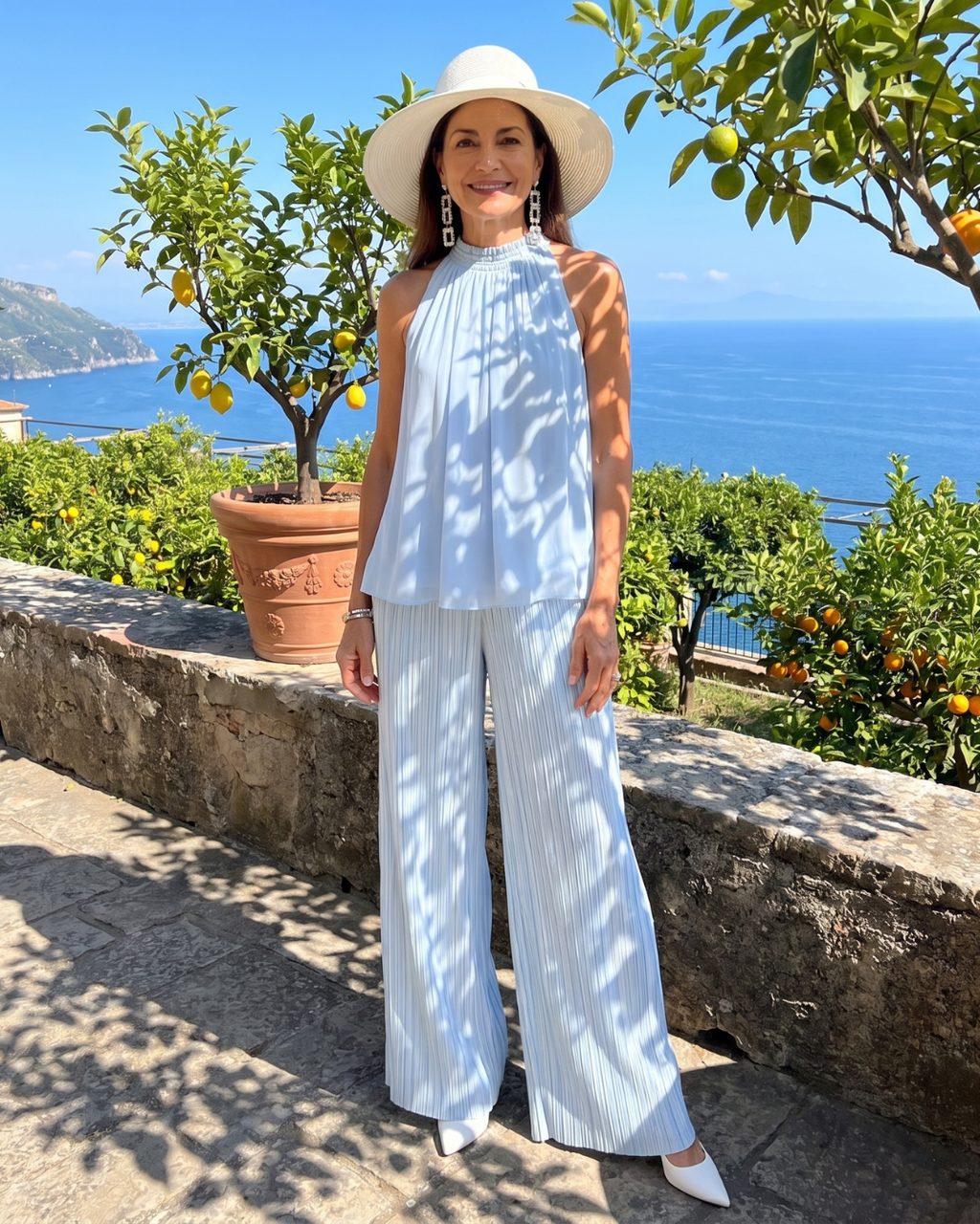 Sylmara | Haut fluide à col halter et ensemble de pantalons larges plissés