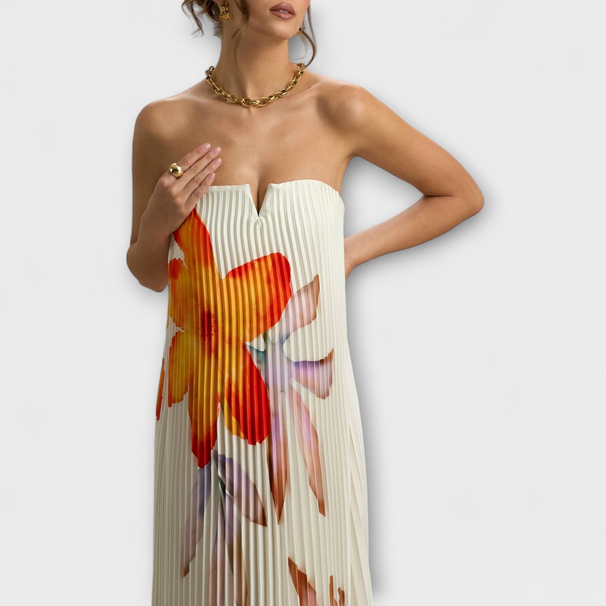 Robe Longue Bustier Plissée avec Corset et Imprimé Floral