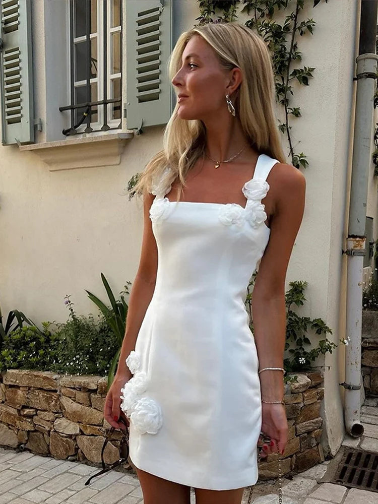 Robe Mini Cocktail d'Été avec Appliqués Floraux Roses