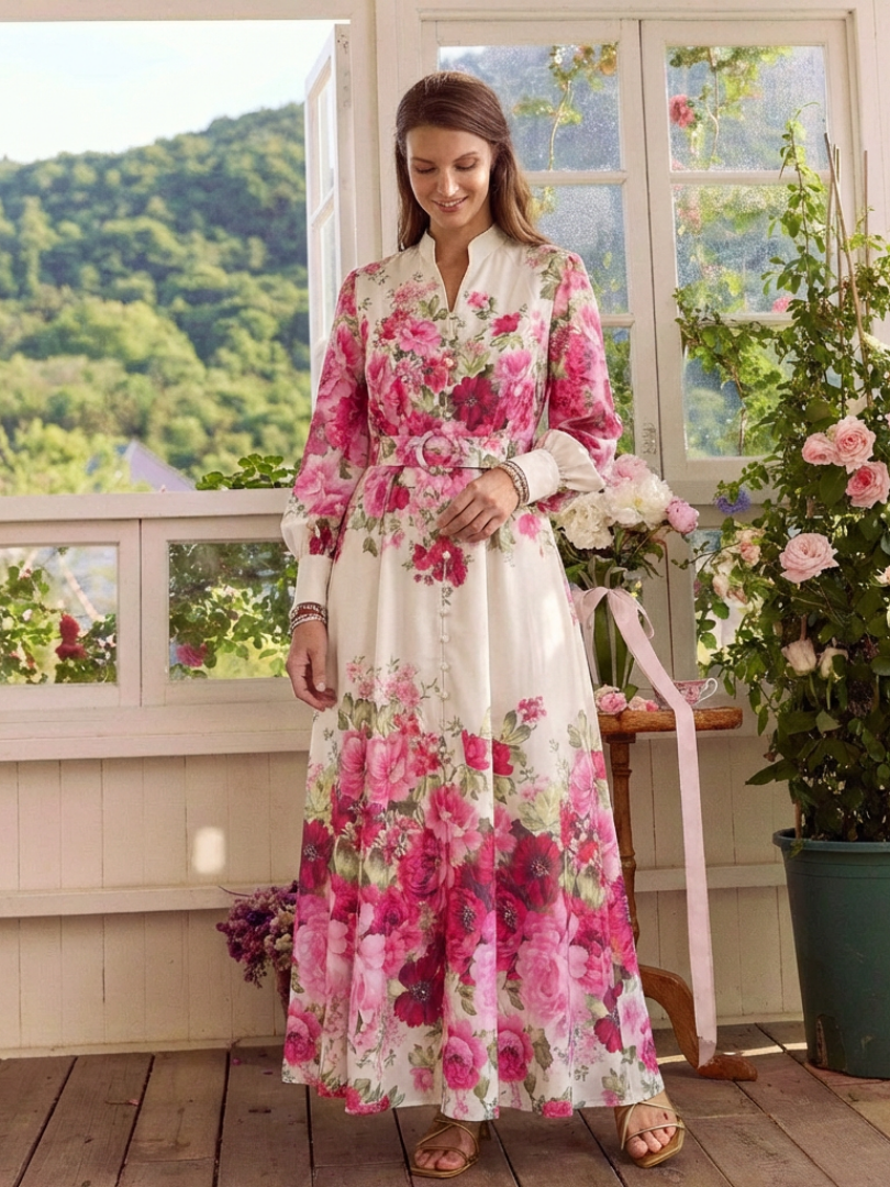 Kennedy | Robe Maxi Florale à Manches Longues avec Ceinture