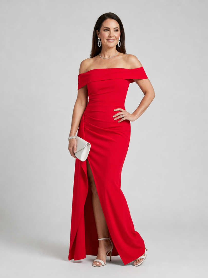 Vionelle | Robe Maxi Décolleté Bardot avec Fente Latérale Haute
