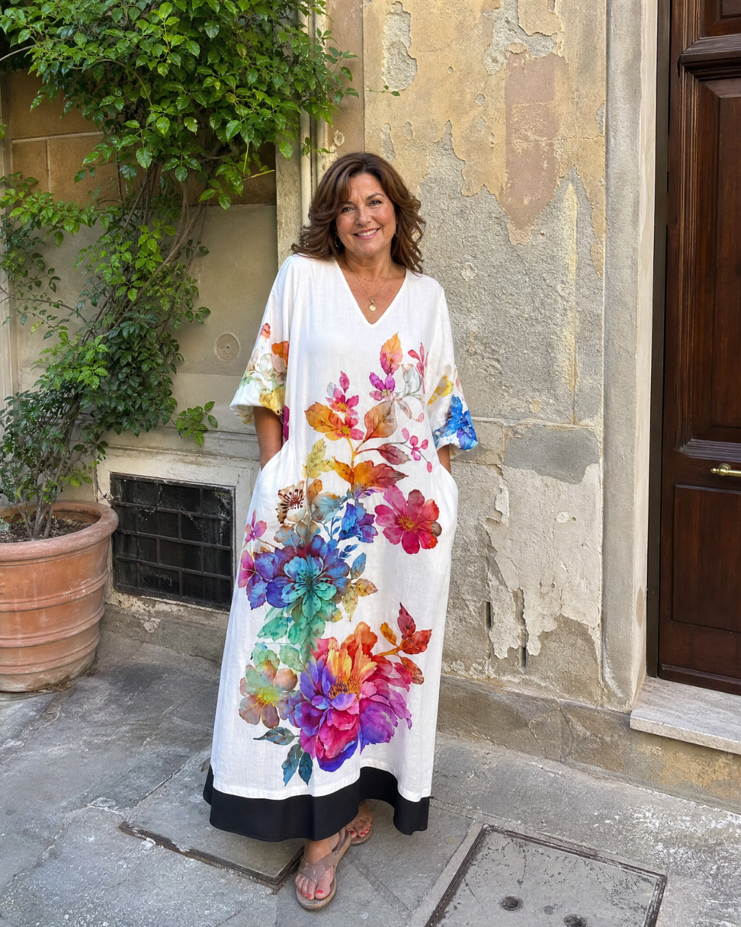 Florienne | Robe Midi à Poches avec Imprimé Aquarelle