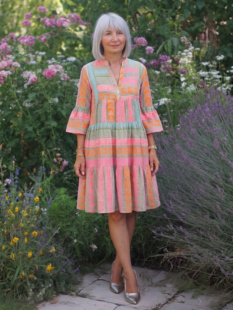 Maelle | Robe à manches tiered avec imprimé géométrique et décolleté en V