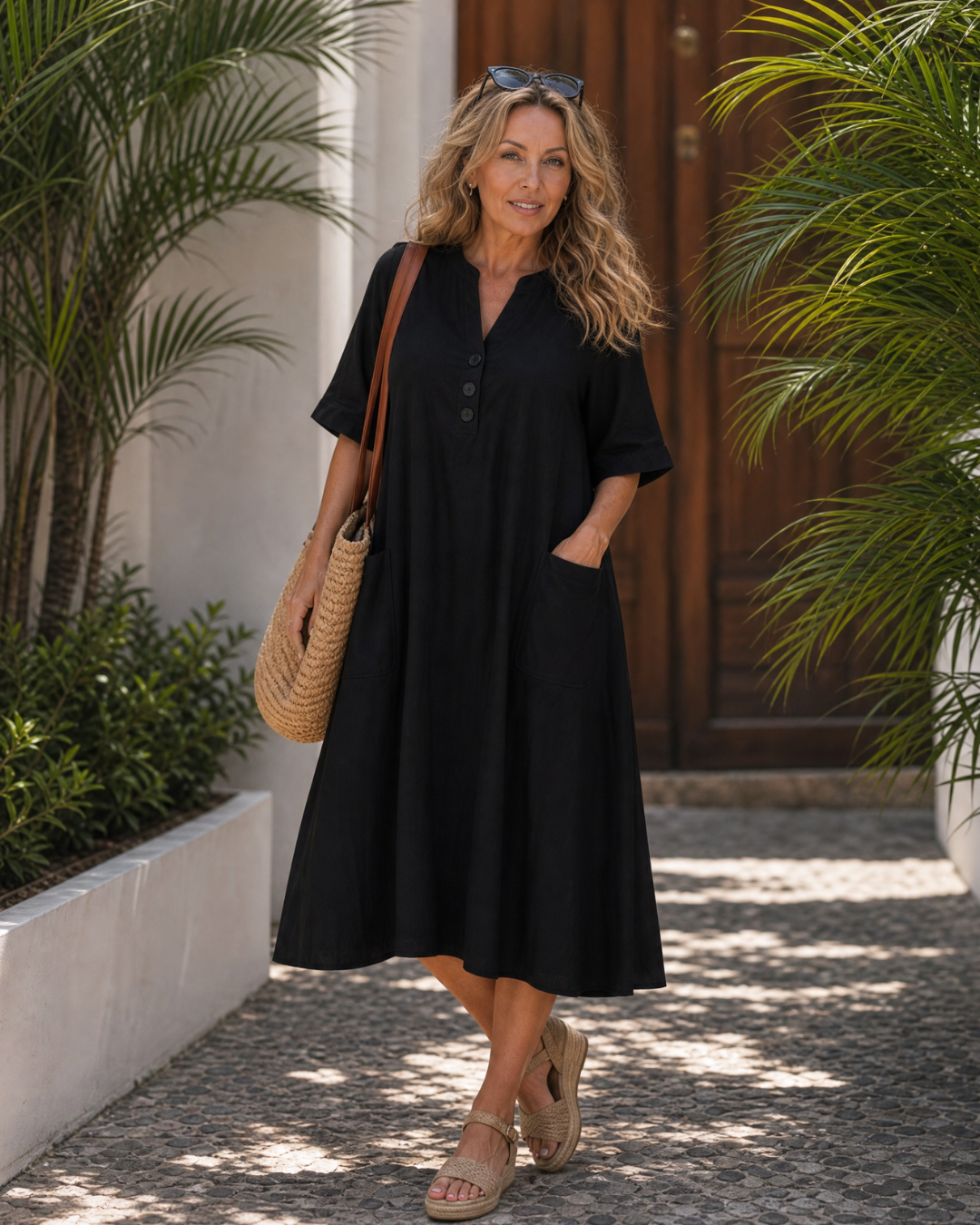 Lumar | Robe Midi Détail Bouton à Manches Trois Quarts Relaxée