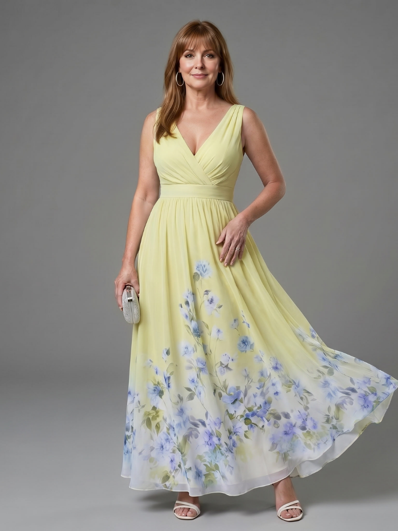 Clarissa | Robe midi sans manches à encolure en V et ourlet floral doux