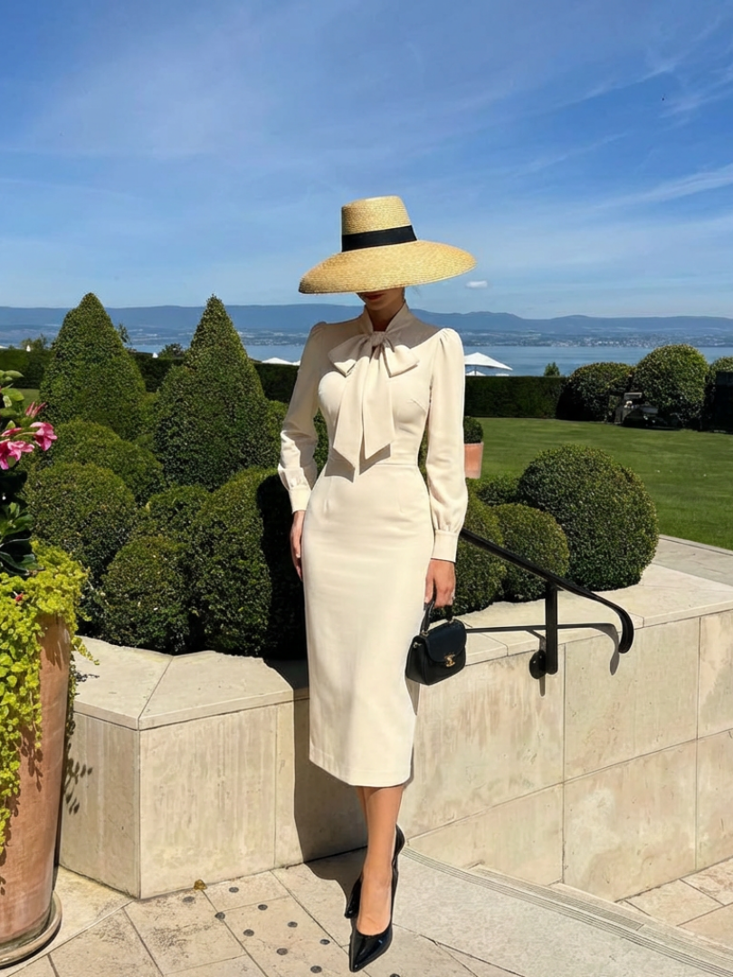 Kaelis | Robe Midi Ajustée à Manches Longues et Col Nœud