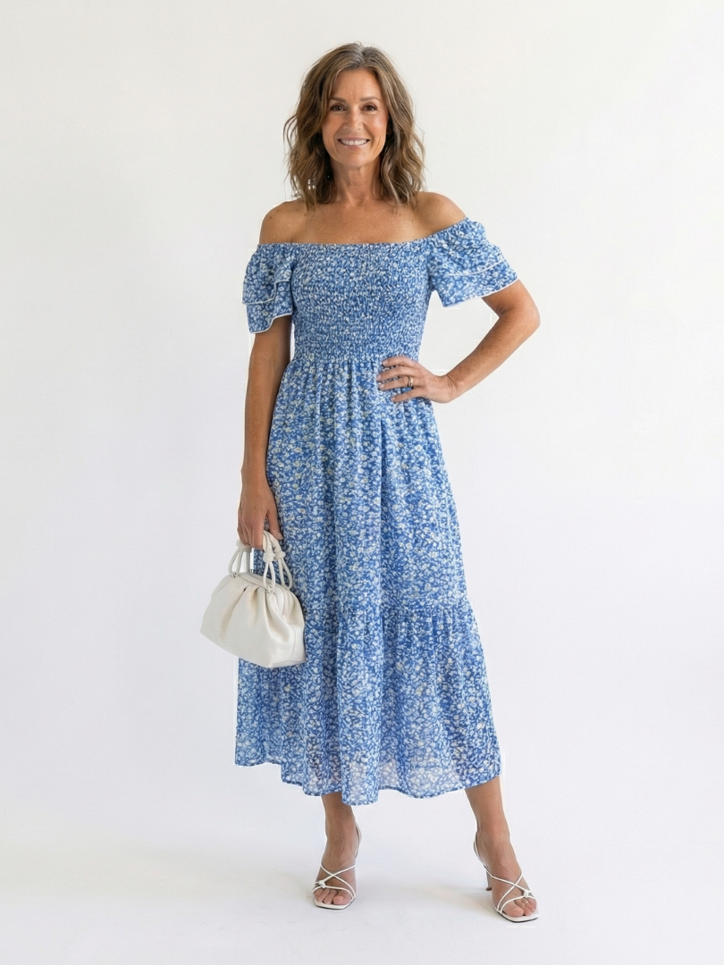 Odette | Robe Midi Smockée à Fleurs à Épaules Dénudées