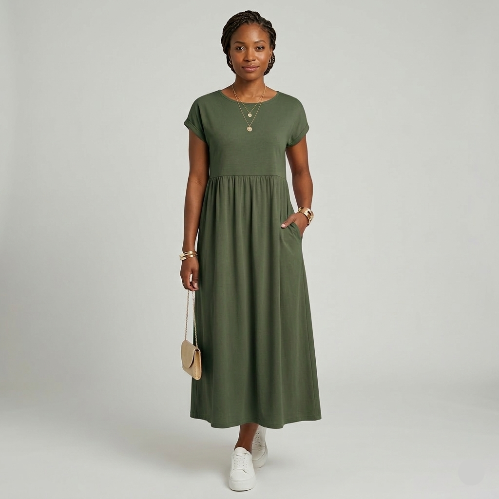 Robe Maxi Femme Élégante Manches Courtes Taille Haute Poches