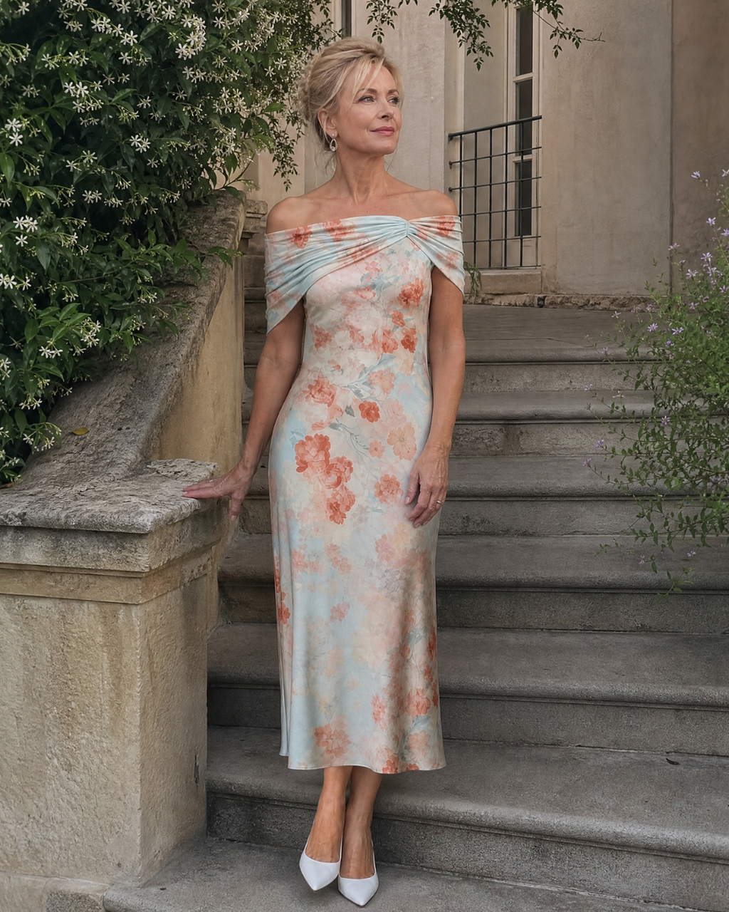 Imore | Robe Midi Ajustée à Fleurs Douces et Épaules Dégagées