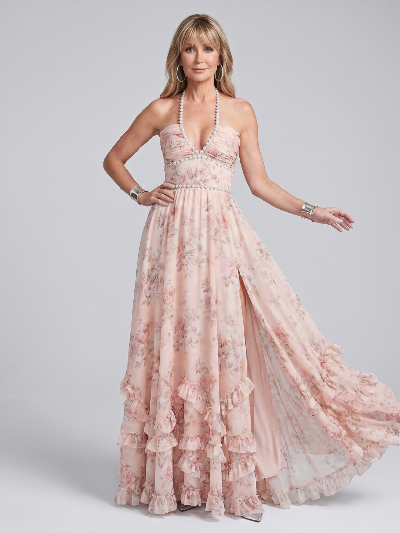Alessia | Robe Maxi à Bretelles Fleurie avec Col Halter